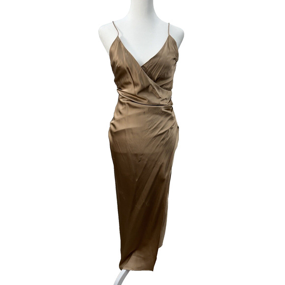 SER.O.YA Womens Size XS Emma Dress Brown Silk Ruched High Slit Strappy Back NWT - Picture 5 of 13